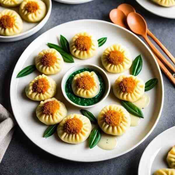 Запеченные пельмени с кефирным соусом